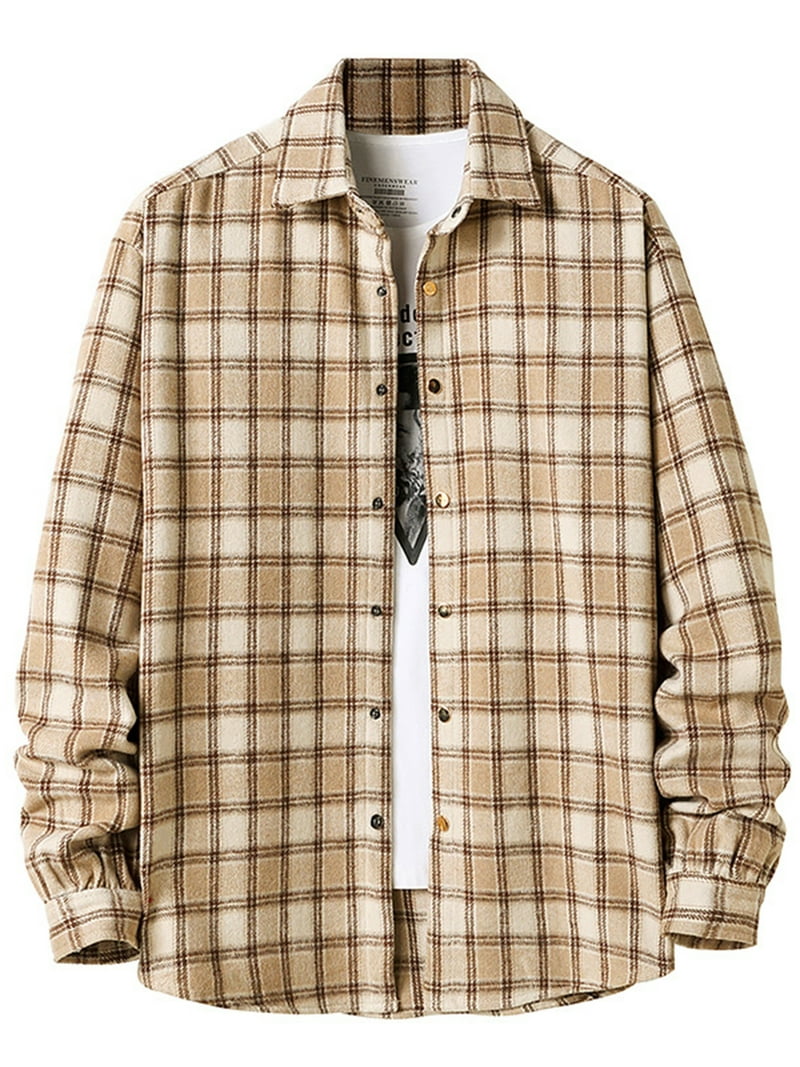 Diconna Men's Casual Flannel Plaid Shirts Jackets Basic Button Up Long  Sleeve Plaid Shirts with Pockets Khaki XL