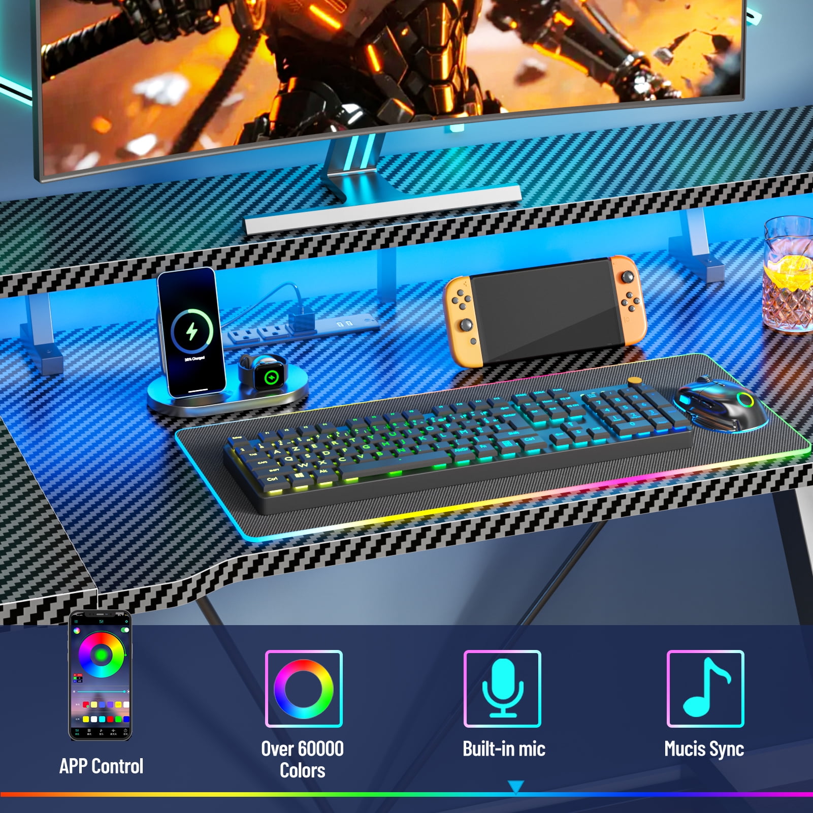 Satifur 47" Pro L-Shaped Gaming Desk Black, RGB LED, Power Hub & Monitor Riser for Ultimate Setup