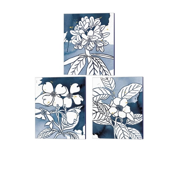 Great Art Now Indigo Blooms by Wild Apple Portfolio 3 Piece Canvas Art Set Each 12W x 15H
