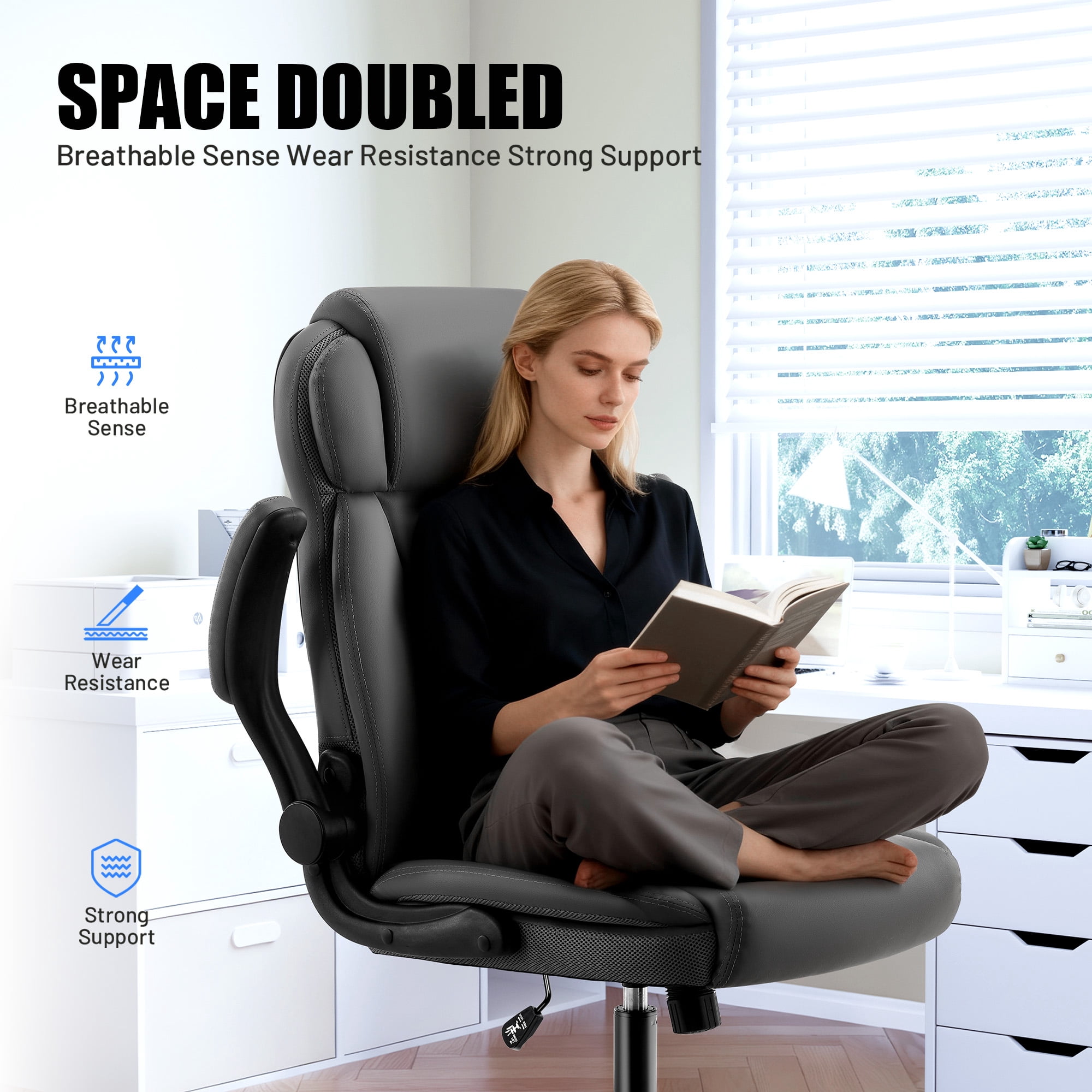 Dhole Ergonomic High-Back PU Leather Office Chair with 120° Recline & Flip-Up Arms - Home Office Desk Chair for Work, Study, Gaming, 300LBS Capacity (Gray)