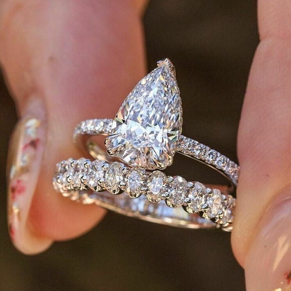 Forever Jewels 2Ct Pear Cut Moissanite Women Bridal Engagement Ring Set 14K White Gold Plated