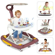 Huber 6-in-1 Baby Walker, Musical Activity Push Walker with Detachable Awning Footrest, Red