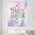 thumbnail image 1 of Lifestyle Tapestry, Hello Summer Motivational Quote with Cocktail Umbrella Palms Starfish Holiday Print, Wall Hanging for Bedroom Living Room Dorm Decor, 60W X 80L Inches, Lilac, by Ambesonne, 1 of 2