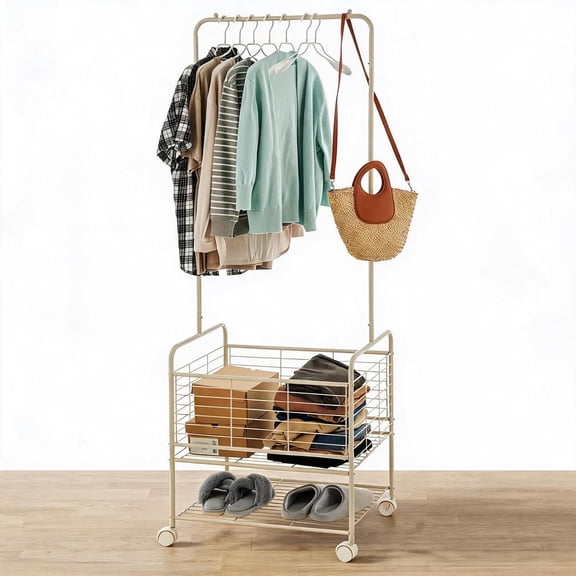 3-in-1 Laundry Cart with Hanging Rack Rolling Clothes Rack with Hamper Basket and Storage Shelf