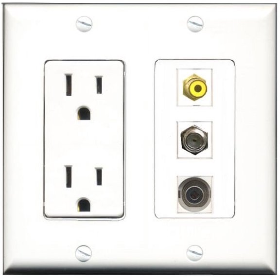 RiteAV - 15 Amp Power Outlet 1 Port RCA Yellow 1 Port Coax 1 Port 3.5mm Decorative Wall Plate