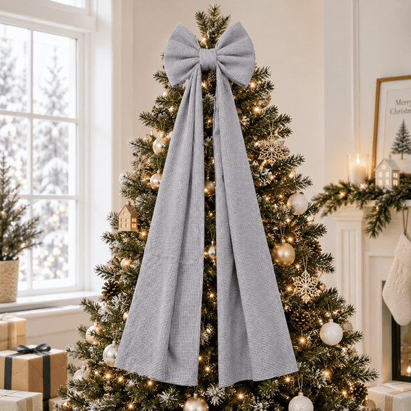 47 Inch Large Plaid Christmas Tree Topper Bow, 16 x 47 in Oversized Holiday Bow with Long Tails for Tree, Wreath, Door, Mantel & Staircase