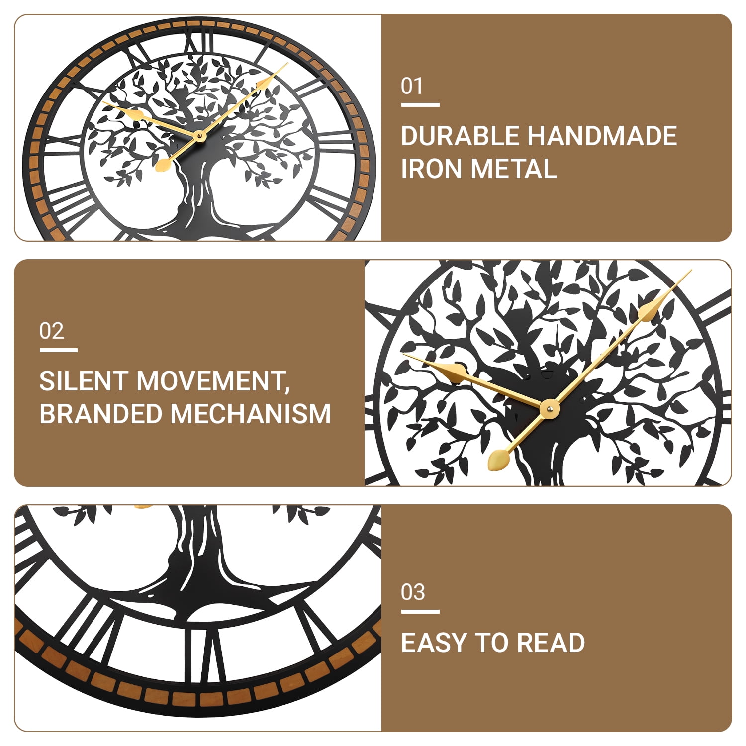Wall Clock,24inch Large Wall Clock,Silent Tree of Life Wall Clocks for Living Room Decor,Non-Ticking Battery Operated Wall Clock with Wood Frame for Living Room, Kitchen, Bedroom, or Office Wall