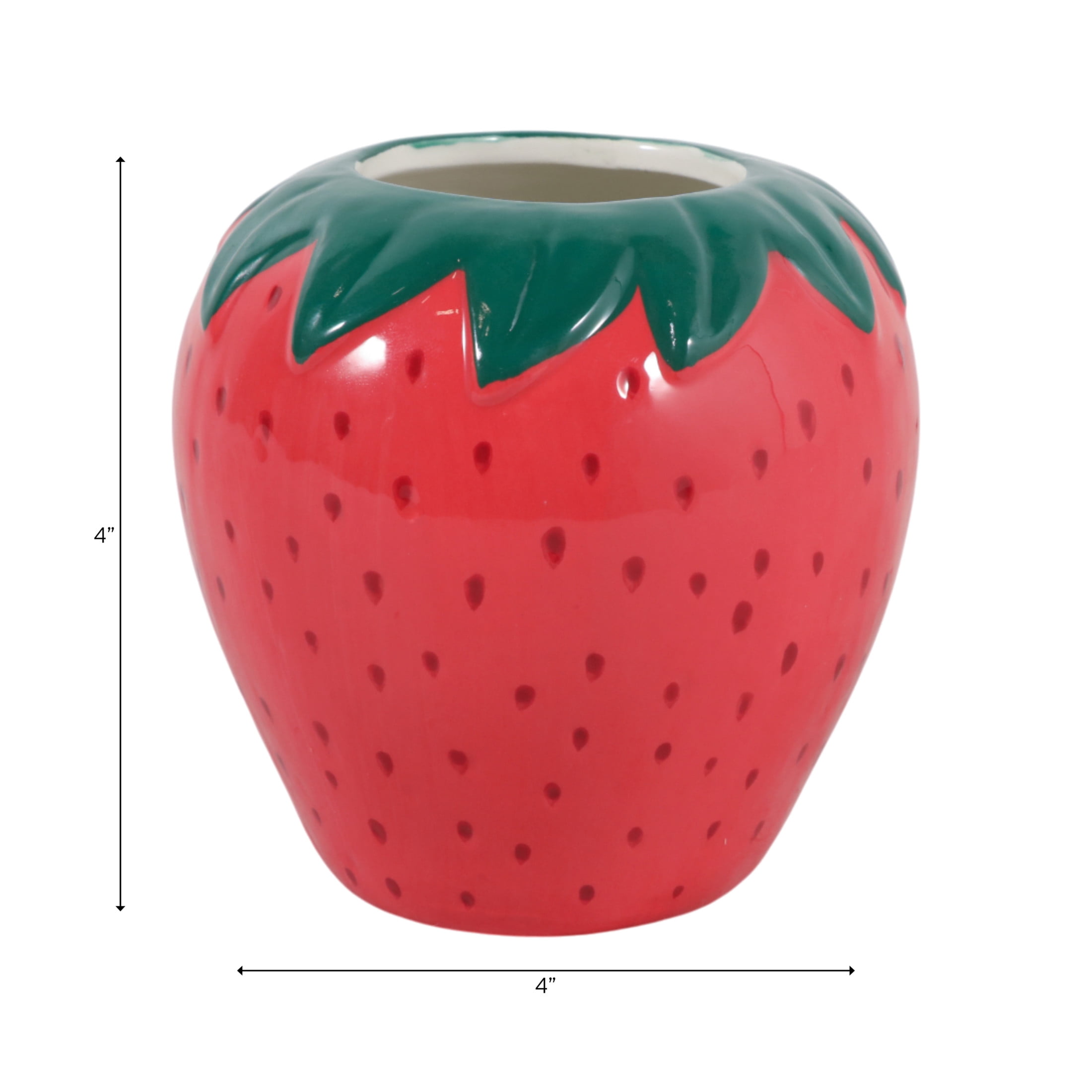 Decorative Ceramic Strawberry Pencil Cup for Desk Organization - Small Desktop Office Storage Organizer for Workspace Decor - Modern Desk Accessory for Home Decor Display - 4", Red & Green