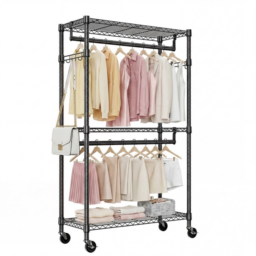 Heavy Duty Rolling Garment Rack, 3-Tier Adjustable Wire Shelving Clothes Rack with 2 Hanging Rods, Side Hooks & Lockable Wheels, Black