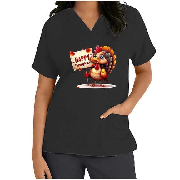 Uaswgudfs Women's Thanksgiving Scrub Tops - V-Neck Short Sleeve Nursing Workwear Black L