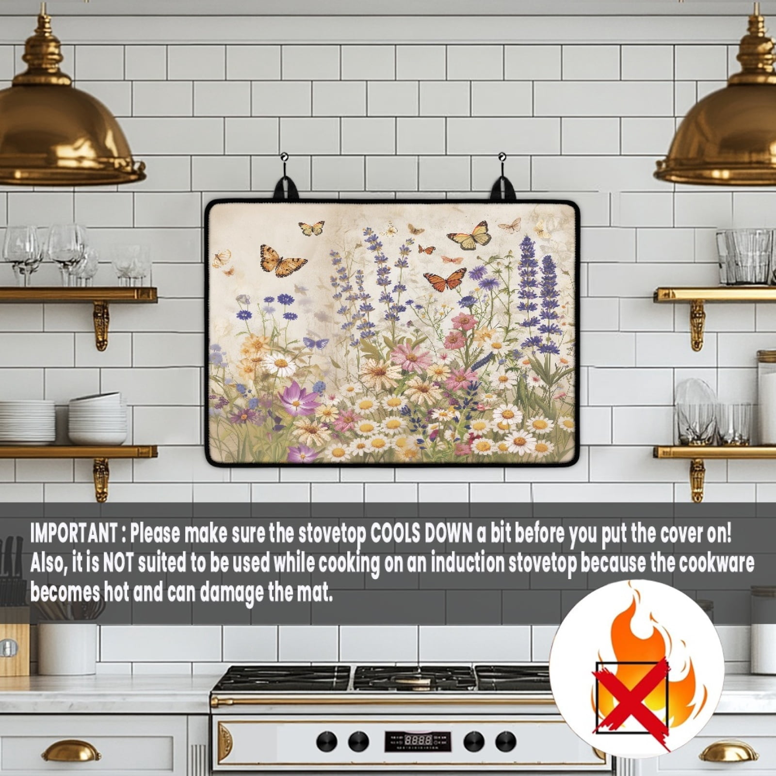 Renewold Electric Stove Top Cover for Cooktop, Induction Electric Stove Cover Anti-slip Glass Cooktop Mat Extra Large Flat Top Stove Mat Easy Storage, Butterfly Floral Beige