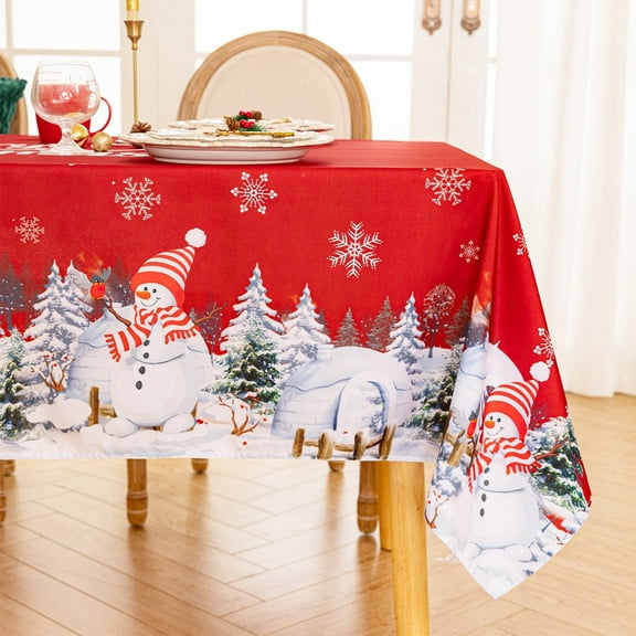 Romanstile Christmas Tablecloth 60×84 Inch Winter Snowman House Christmas Trees Red Washable Table Cover for Party Picnic Dinner Decor