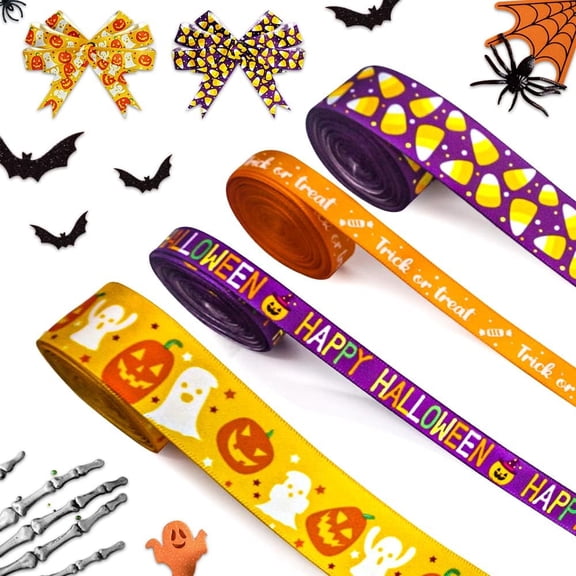 Hsomely 4PCS Halloween Ribbons, Pumpkin Ghost Words Candy Satin Ribbons 5 Yards for Gift Wrap Indoor Outdoor Party Craft Decor