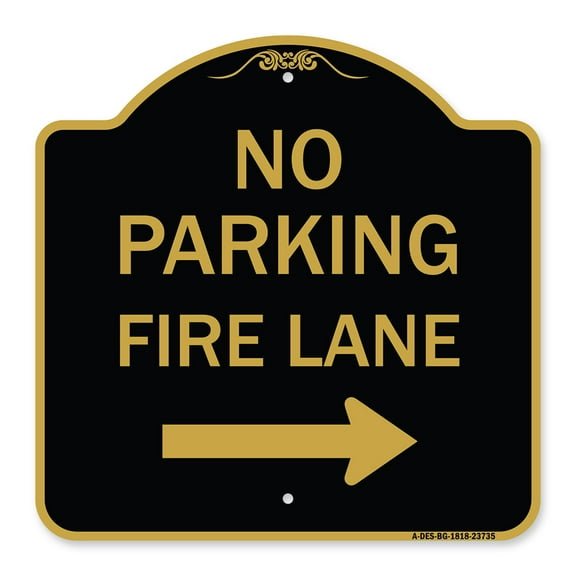 SignMission A-DES-BG-1818-23735 18 x 18 in. Designer Series Sign - No Parking Fire Lane with Right Arrow, Black & Gold