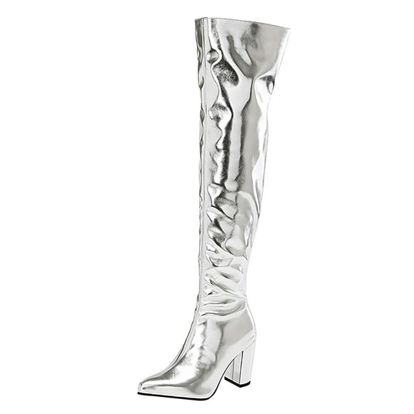 WEAIXIMIUNG Women's Knee-High Boots Square Toe Metallic Over The Knee High Boots Pointed Toe Thick Heels Short Inner Layer High Gathering Fashionable Dress Zipper Boots