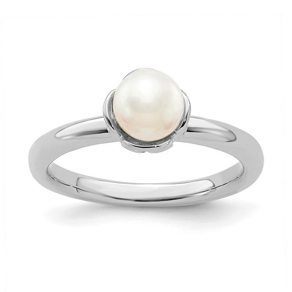 Solid 925 Sterling Silver Stackable White Freshwater Cultured Pearl Engagement Ring Size 5