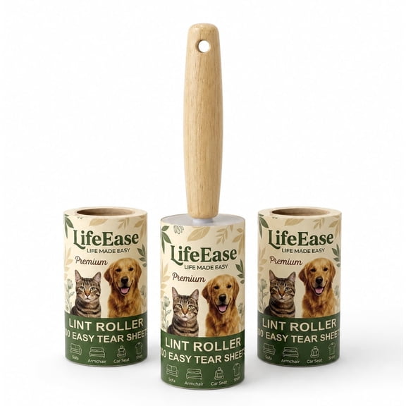 LifeEase Wooden Lint Roller for Pet Hair - Extra Sticky Pet Hair Remover Set, 180 Total Sheets (3 Refills) for Home, Clothing, Couch & Furniture