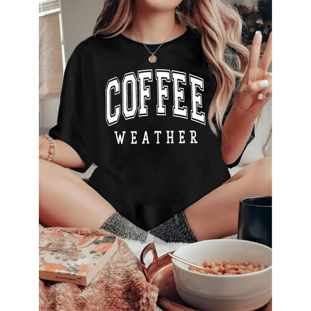 Camiseta Básica para Mujer Verano TranspirableWomen's T-shirt, 'COFFEE Letters' Print, Retro Minimalist Fashion, Round Neck, Casual And Comfortable, Sporty Short-sleeved T-shirtFather's Day, Mother'