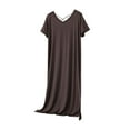 thumbnail image 2 of Voncos Women's Maxi Nightgown -Short Sleeves V-Neck Pullover Sleep Dress Side Slit Soft Modal Cotton Blend Breathable Sleepwear for Sleep & Lounging Brown L, 2 of 5