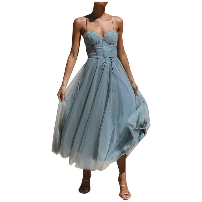 qolati Women Summer Dresses 2023 Spaghetti Straps Mesh Wedding Guest Dress Elegant Sleeveless Bandeau Tube Pleated Bridesmaid Maxi Dresses
