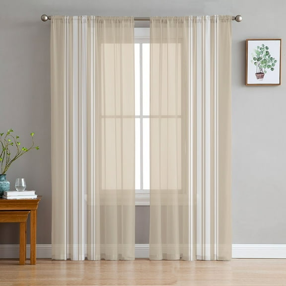 Beige Striped Sheer Curtains 72 Inches Long 2 Panels Set, Window Sheer Curtains for Living Room/Bedroom, Farmhouse Luxurious White Stripes Modern Abstract Art Light Filter Pocket Curtain 52''x72''x2