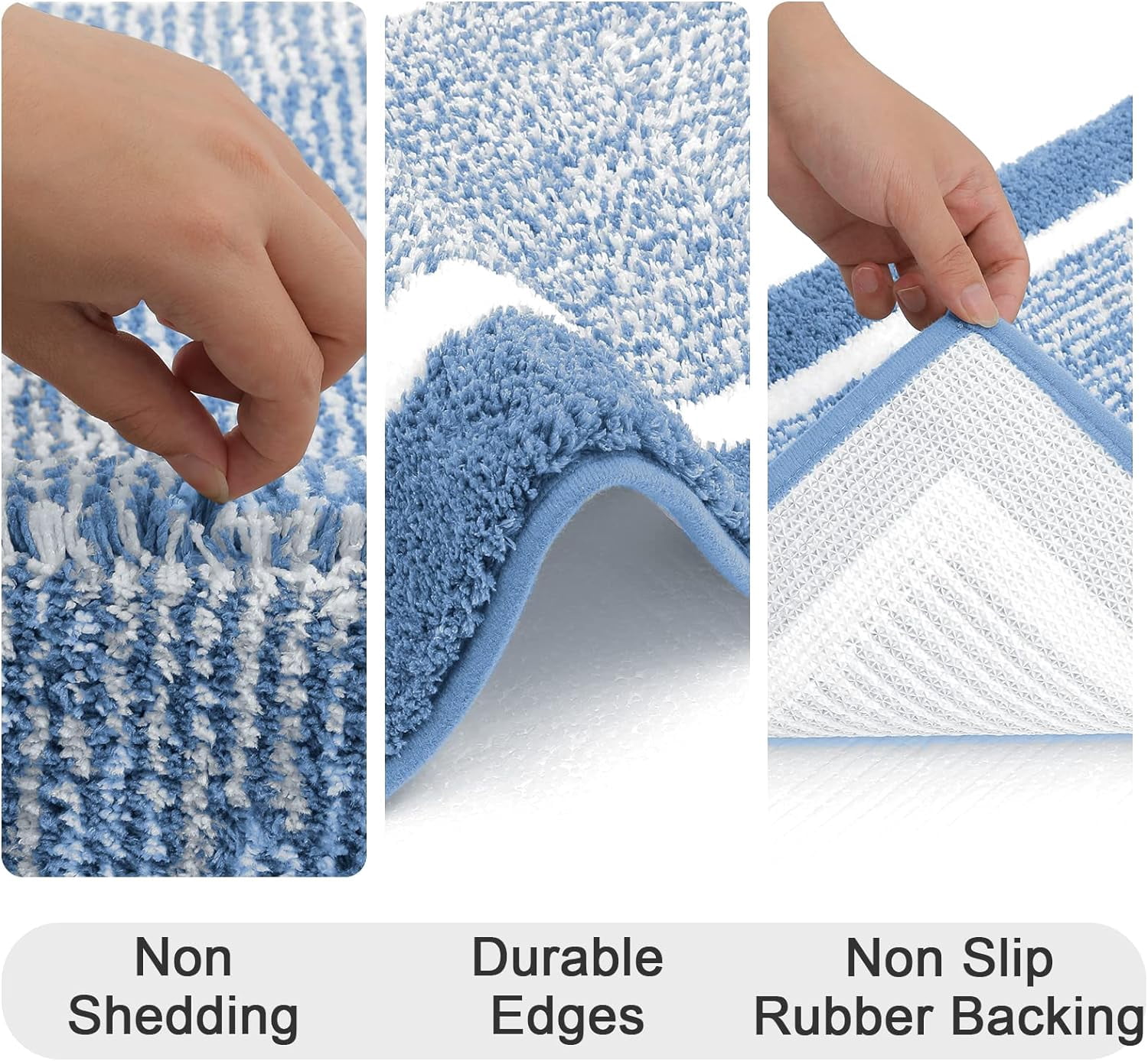 Findosom 3pcs Bathroom Rugs Set with U-Shaped Mat, Non Slip, Quick Drying, Ultra Soft and Water Absorbent Bath Rug Mat Carpet Machine Washable 18"x26"+18"x48"+U Shape 20"x24" Blue