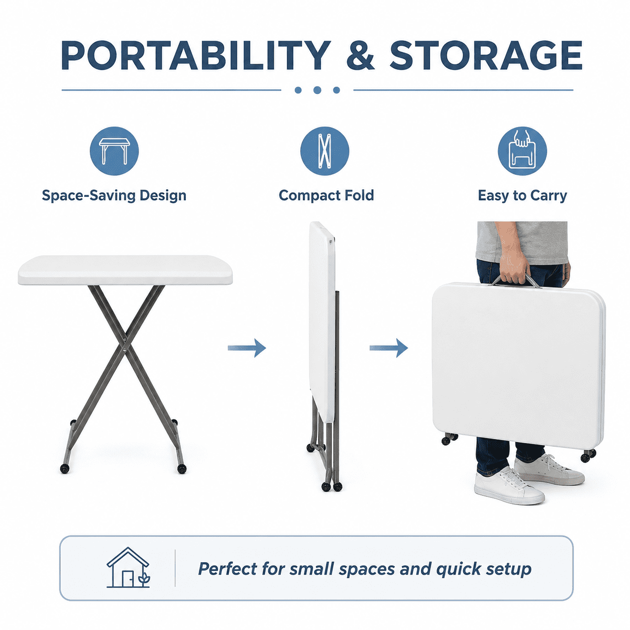 Alvantor Adjustable Folding Table, 30 x 20 in Small HDPE Portable Personal Table with Steel Legs, White Gray, Indoor Outdoor Use