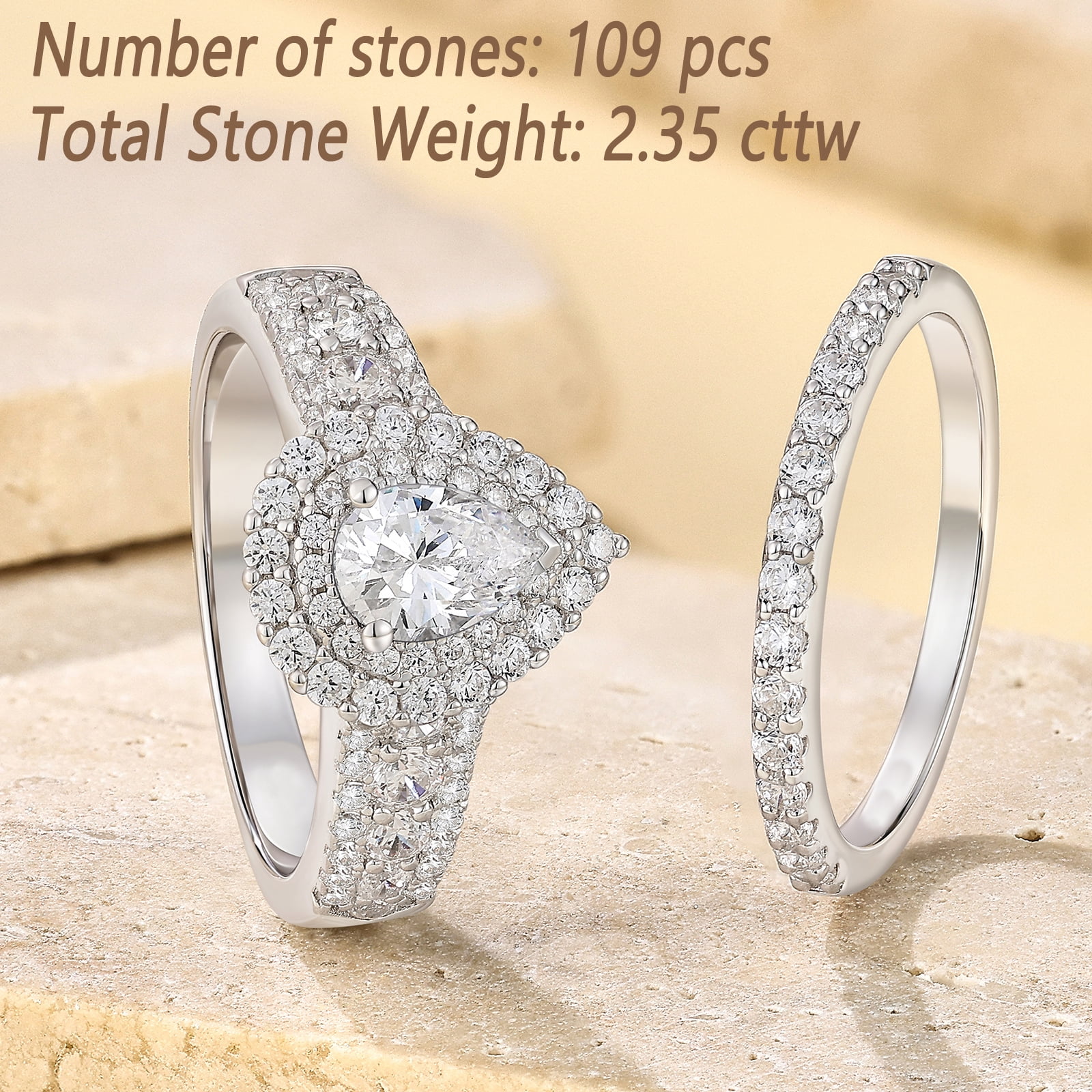 Newshe Jewellery 2 Ct Moissanite Bridal Ring Sets Double Halo Pear Cut Engagement Promise Rings for Women Size 8