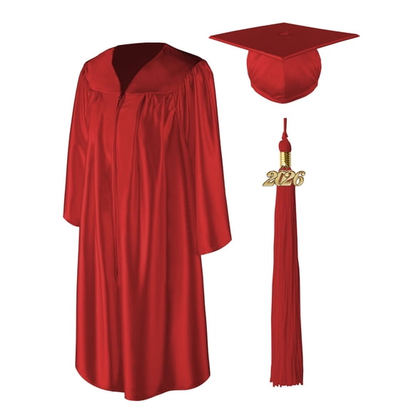Class Act Graduation Adult Unisex Shiny Graduation Cap and Gown with Matching Tassel and Gold Charm, Large, Red, Cap & Gown