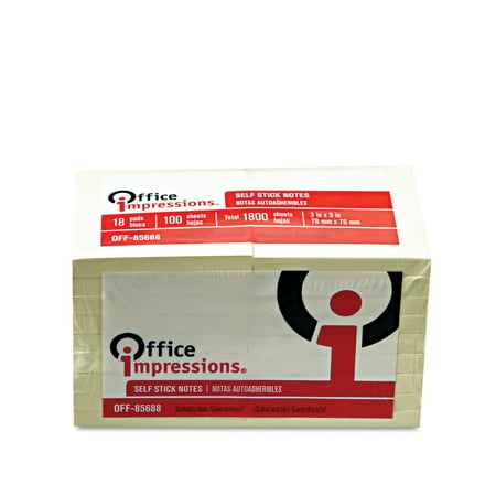 Office Impressions Standard Self-Stick Notes, 3 x 3, Yellow, 100-Sheet, 18/Pack