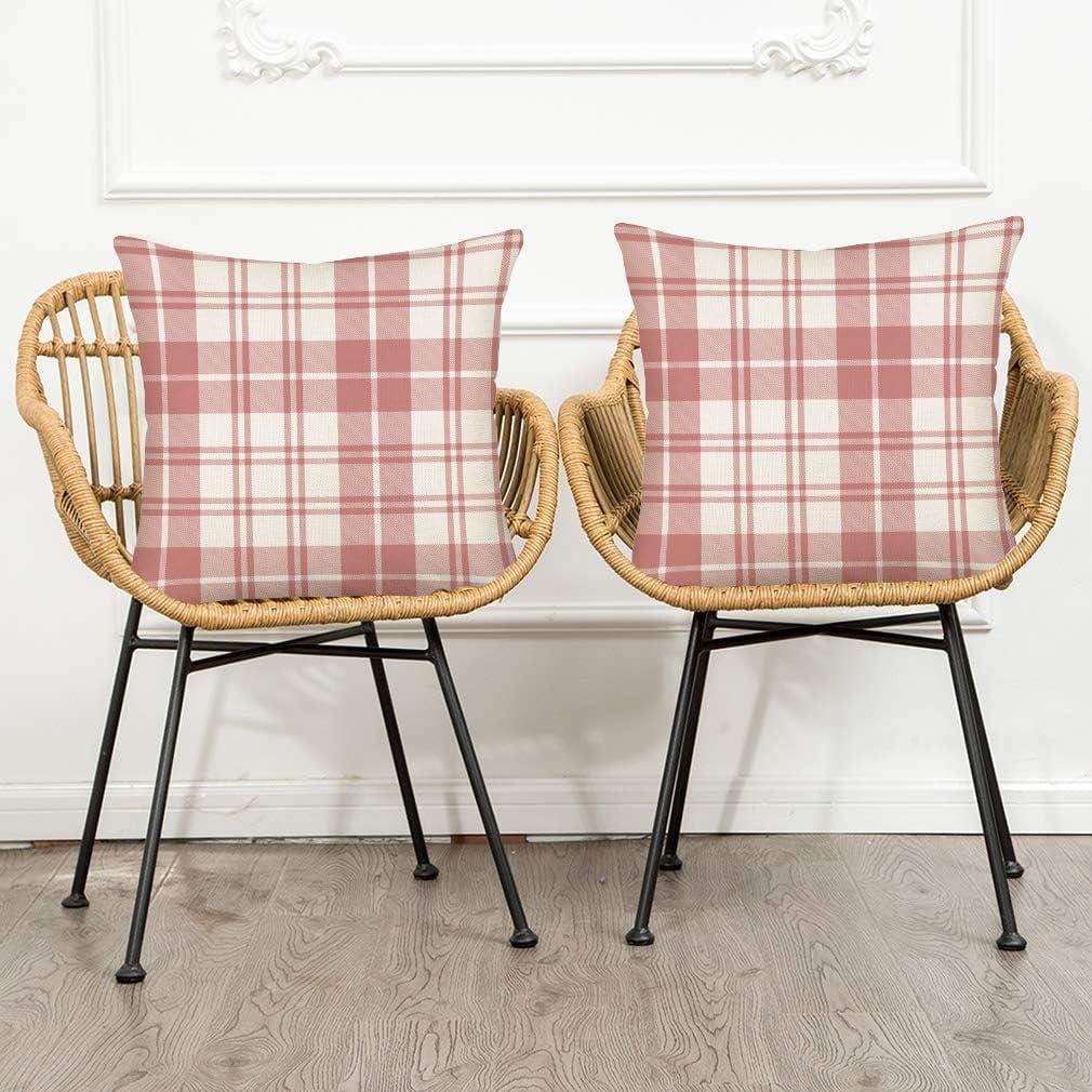 Set of 4 Pink and White Buffalo Plaid Pillow Covers 20x20 Inch Outdoor Valentine''s Day Check Throw Pillow Cover Farmhouse Decorations Pillow Cases Cotton Linen for Sofa Couch Home Decor
