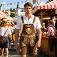 thumbnail image 2 of XIAOCHA Men's Scroll Embroidery Lederhosen Wide Strap Oktoberfest Suspender Shorts Halloween Pants,Brown,Sizes XXXXL, 2 of 4