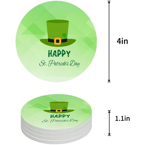 FMSHPON Happy St. Patrick's Day Hat Set of 6 Round Coaster for Drinks, Absorbent Ceramic Stone Coasters Cup Mat with Cork Base for Home Kitchen Room Coffee Table Bar Decor