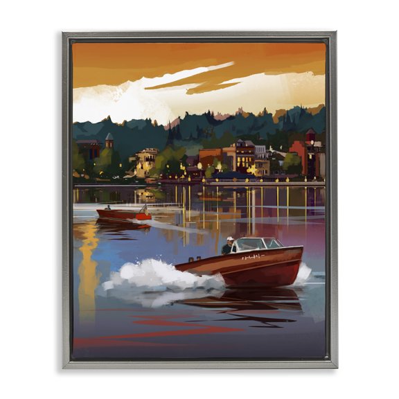 Stupell Industries Mid-Century Boats at Sunset Pier Gray Floating Frame Canvas Art, 17 x 21, by David Owens Illustration