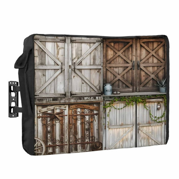 Outdoor TV Cover 70 to 75 Inches, Barn Door Vintage Brown Countryside Farmhouse Waterproof and Weatherproof TV Cover with Remote Control Pocket, Flat Screen TV Cover Protector for Outside TV