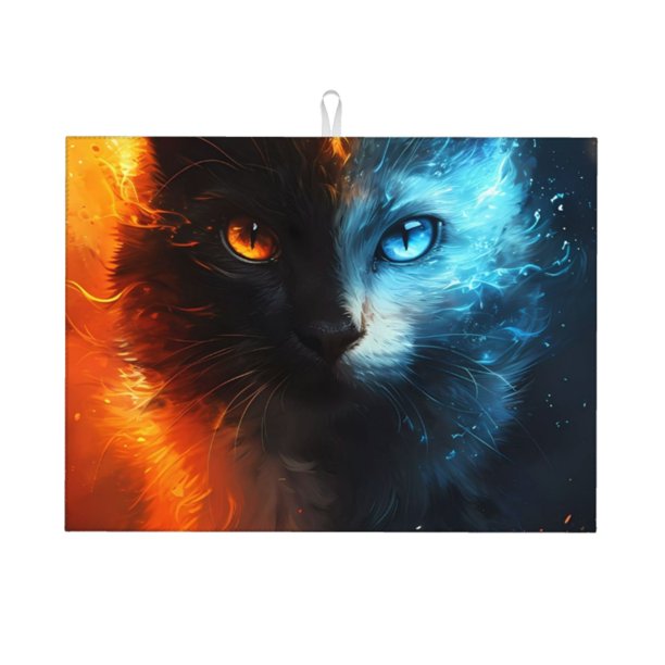 Fotbe Red And Blue Fire Cat Alfombrilla de Secado para Cocina con Estampado, 18x24 Pulgadas