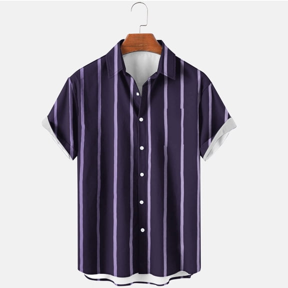 M-4X Plus Size Shirts for Men with Pocket Big & Tall Short Sleeve Tshirts Shirt Mens Casual Stripe Printed Button-Down Collared Beach Tees Tops