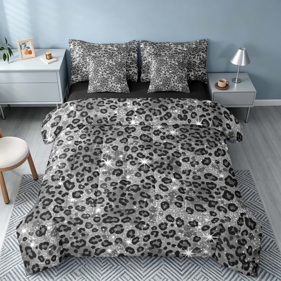 Homewish Gray Leopard Print Twin Bedding for Girls, Animal Themed Bedding Comforter Set, Black Reversible, 7-Piece
