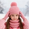thumbnail image 6 of XIMIN Kid Girls 3 Piece Outfits Warm Winter Beanie Hat Fluffy Lined Knitted Neck Warmer Scarf Neck Gaiter Soft Cuffed Cap Gloves with Pom Pom for Cold Weather, 6 of 7