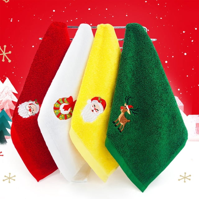 Toalla de manos de algodón navideño - bordado de Papá Noel, 32x45cm, suave y absorbente, blanco/amarillo/verde/rojo, 60g, uso para gimnasio/viajes/playa