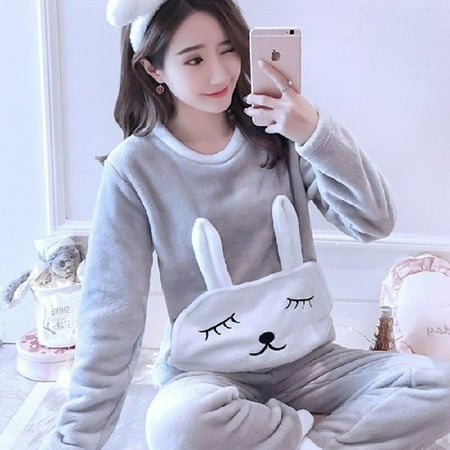 

Autumn Winter Warm Flannel Women Pyjamas Sets Thick Coral Velvet Long Sleeve Cartoon Sleepwear Thin Flannel Pajamas Set