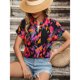 thumbnail image 4 of Camisa de manga corta para mujer, cuello en V, dobladillo enrollado, puños, blusa, decoración estampada, Top de verano para niñas, estampado rojo M, 4 of 8