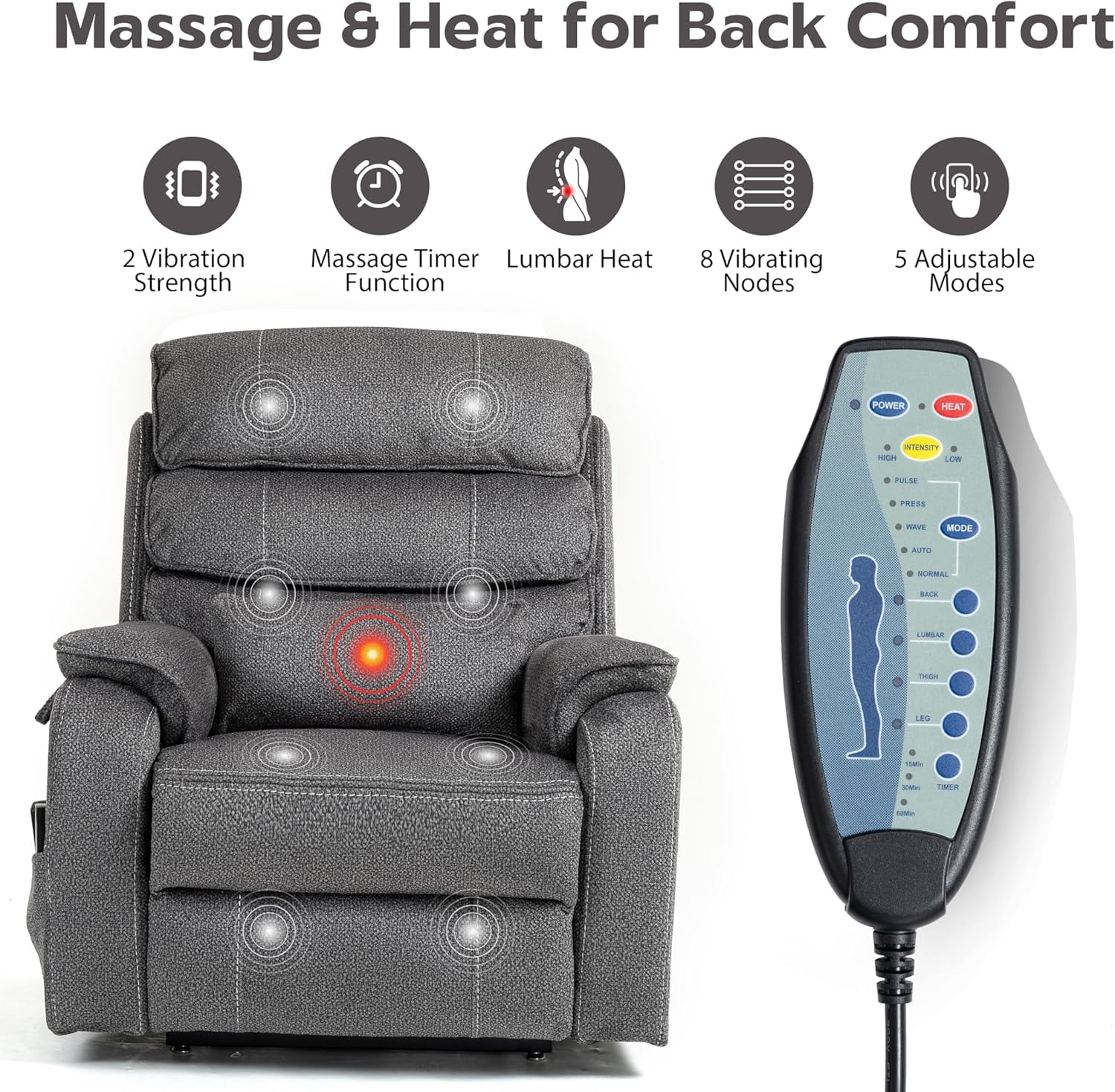 Adults Power Lift and Heat and Massage Recliners with Wireless Charging Device and USB Ports
