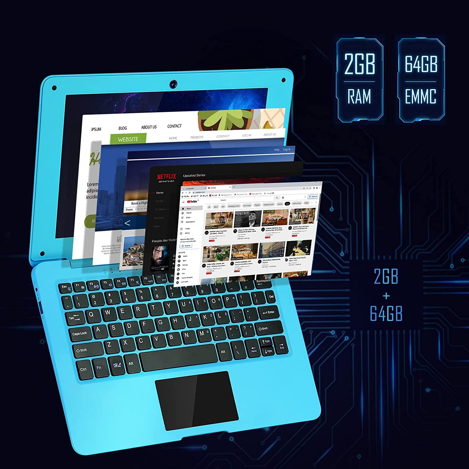 NBD 10.1 inch Laptop Android 12.0 Computer, Quad Core Powered Netbook,2G RAM+64 GB ROM Mini Laptop Computer for Kids with Bag, Mouse, and Mouse Pad(Blue)