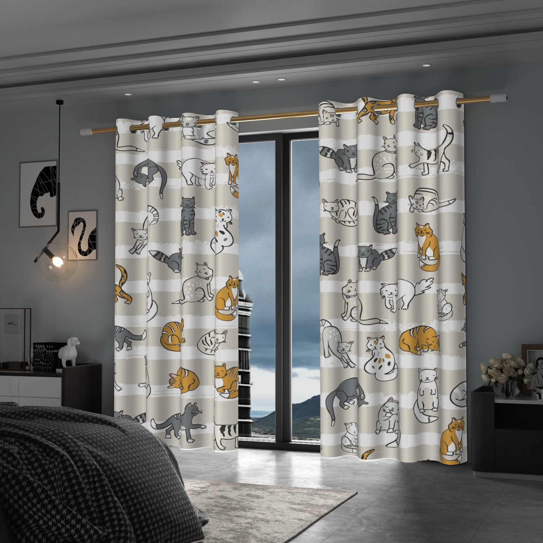 Lfeey Cartoon Cat Print Blackout Curtains, Room Darkening for Kids Bedroom, 42x84 in, 2 Panels