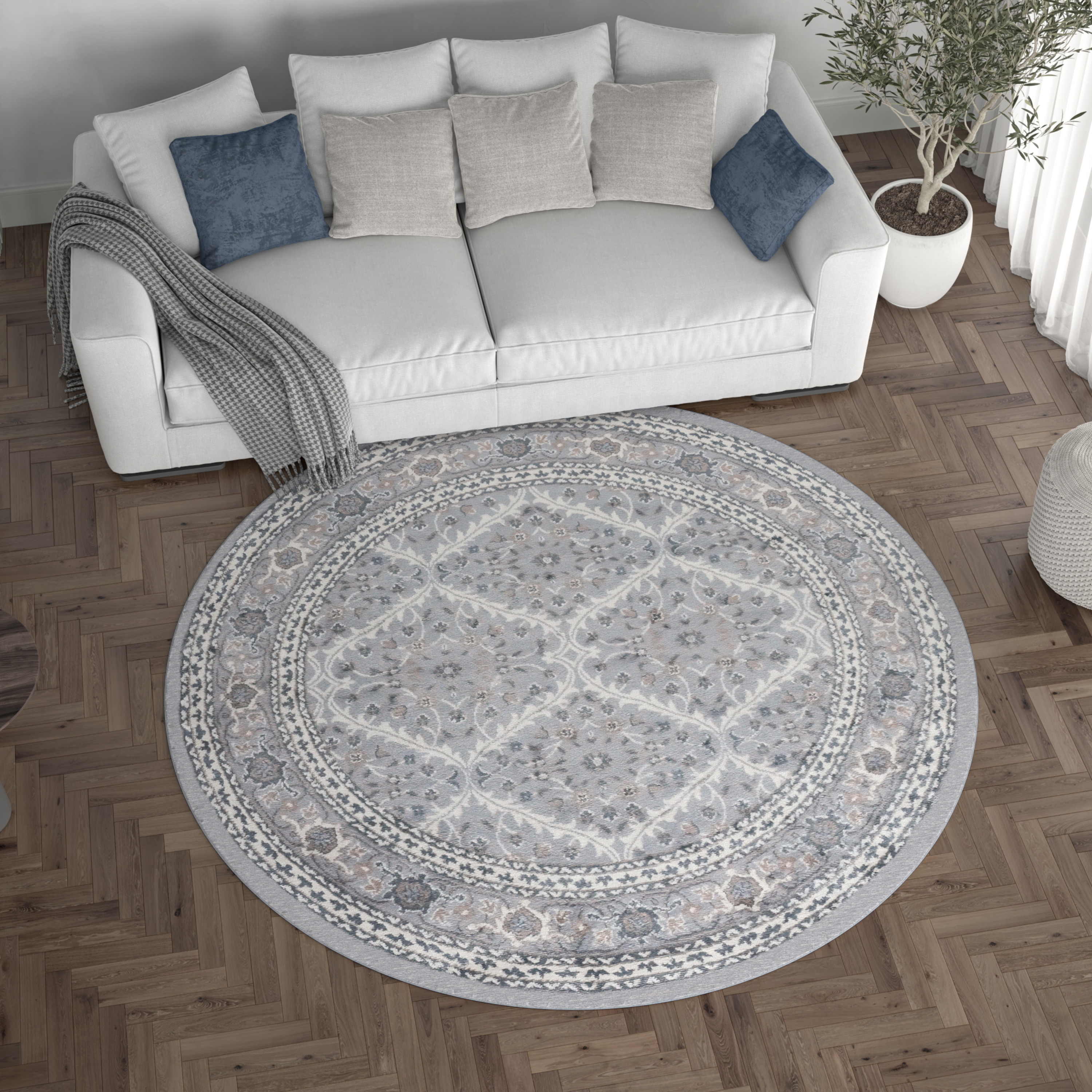 Madison Traditional 8' Round Gray and Cream Polypropylene Indoor Area Rug