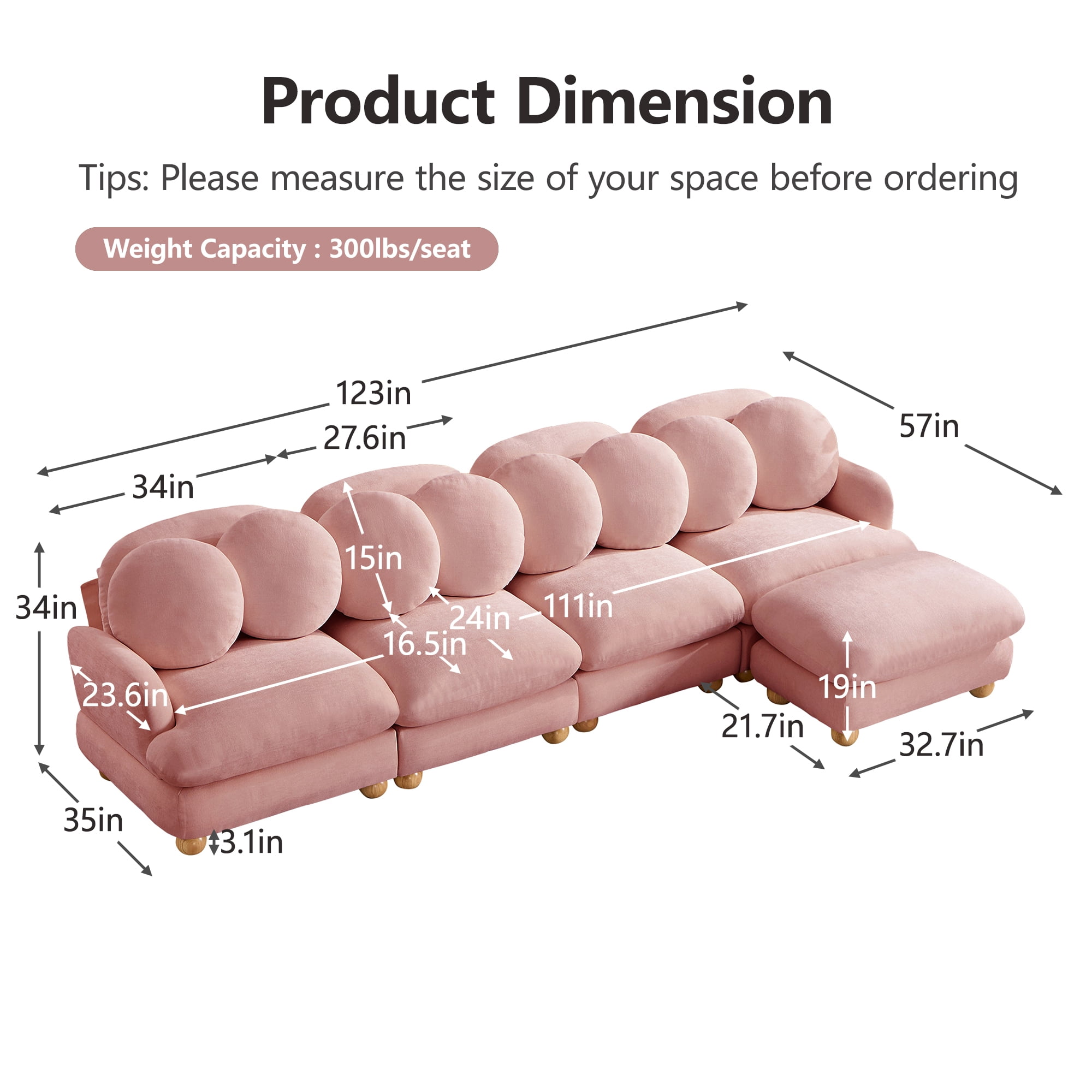 123" L-shaped 5 Seater Comfy Chenille Modular Sectional Sofa Couch with 8 Throw Pillows and Ottoman