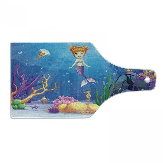 Mermaid Cutting Board, Underwater World Little Girl and Different Type of Fish Art, Decorative Tempered Glass Cutting and Serving Board, Wine Bottle Shape, Multicolor, by Ambesonne
