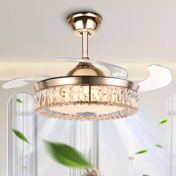 AFANQI 42" Smart Fandelier Ceiling Fan with Lights Remote, Modern Crystal 7 Color Dimmable LED Chandelier Fans with Retractable Blades, Bluetooth Music Speaker, Silent Motor, 3 Speeds Fan Fixtures