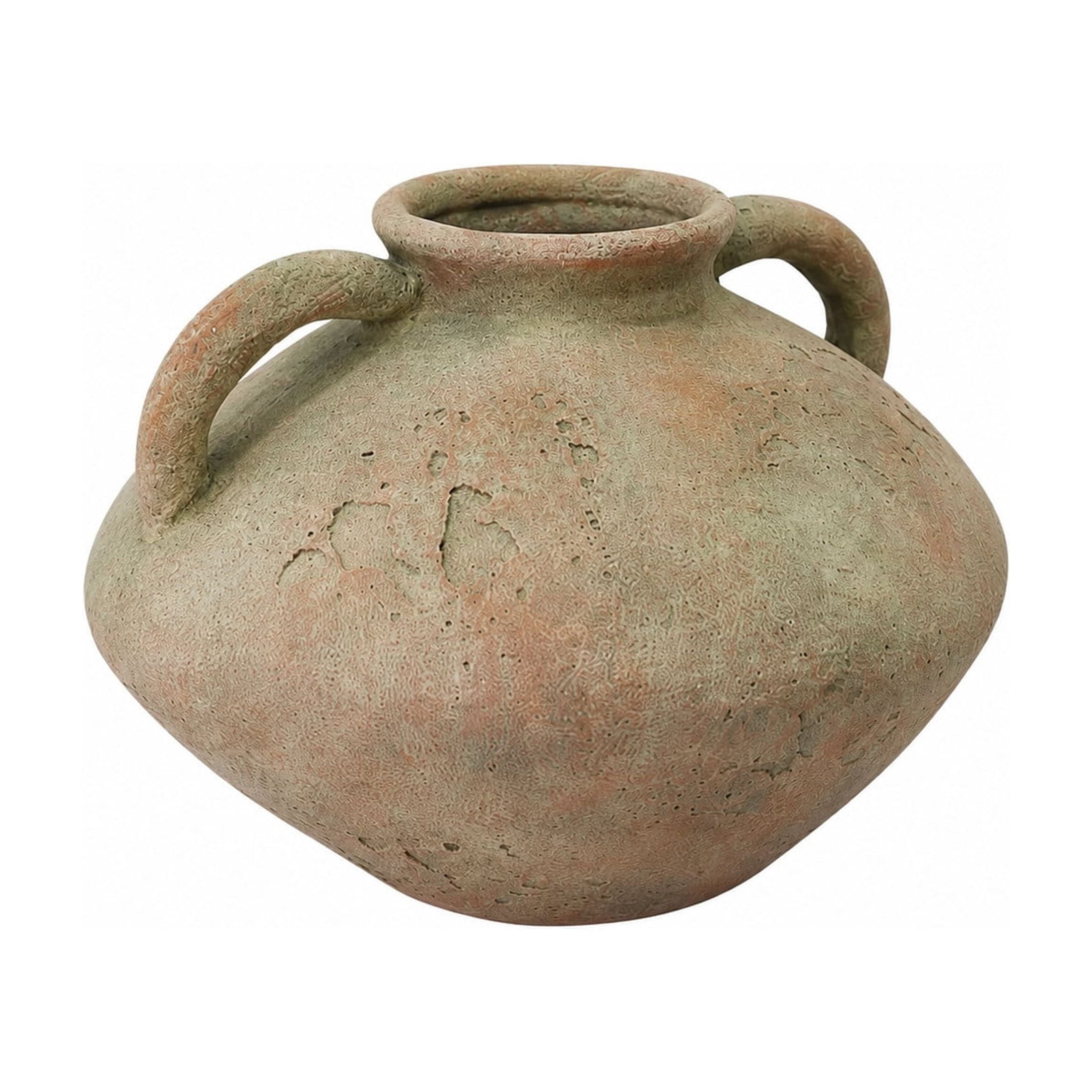 DecMode 7" Antique Style Textured Beige Ceramic Vase with Handles